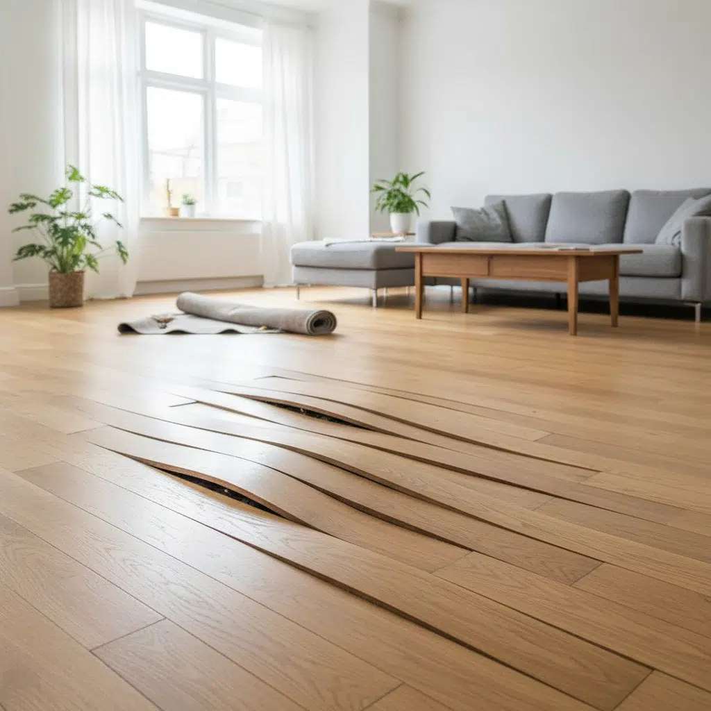 Warped hardwood flooring from hidden water leak