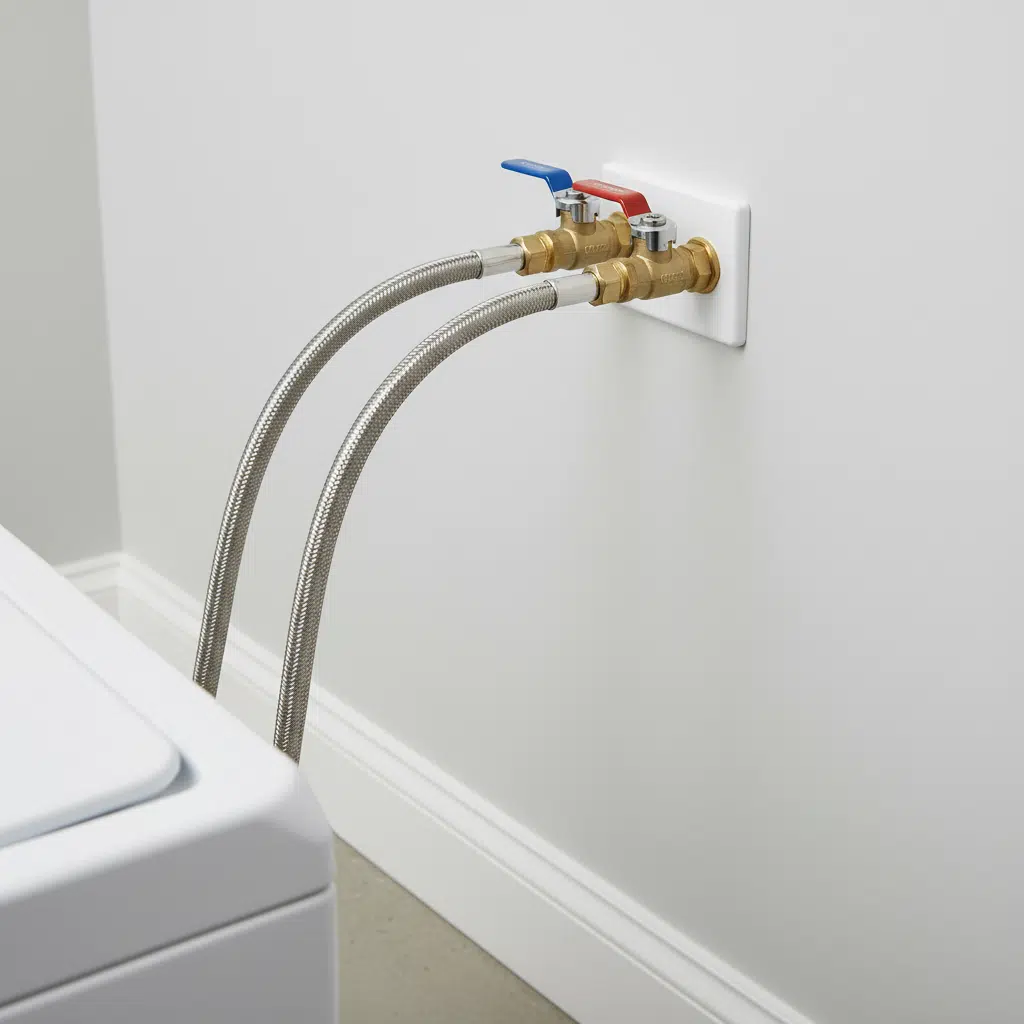 Braided stainless steel washer supply lines installed in a Fort Myers, Florida laundry room
