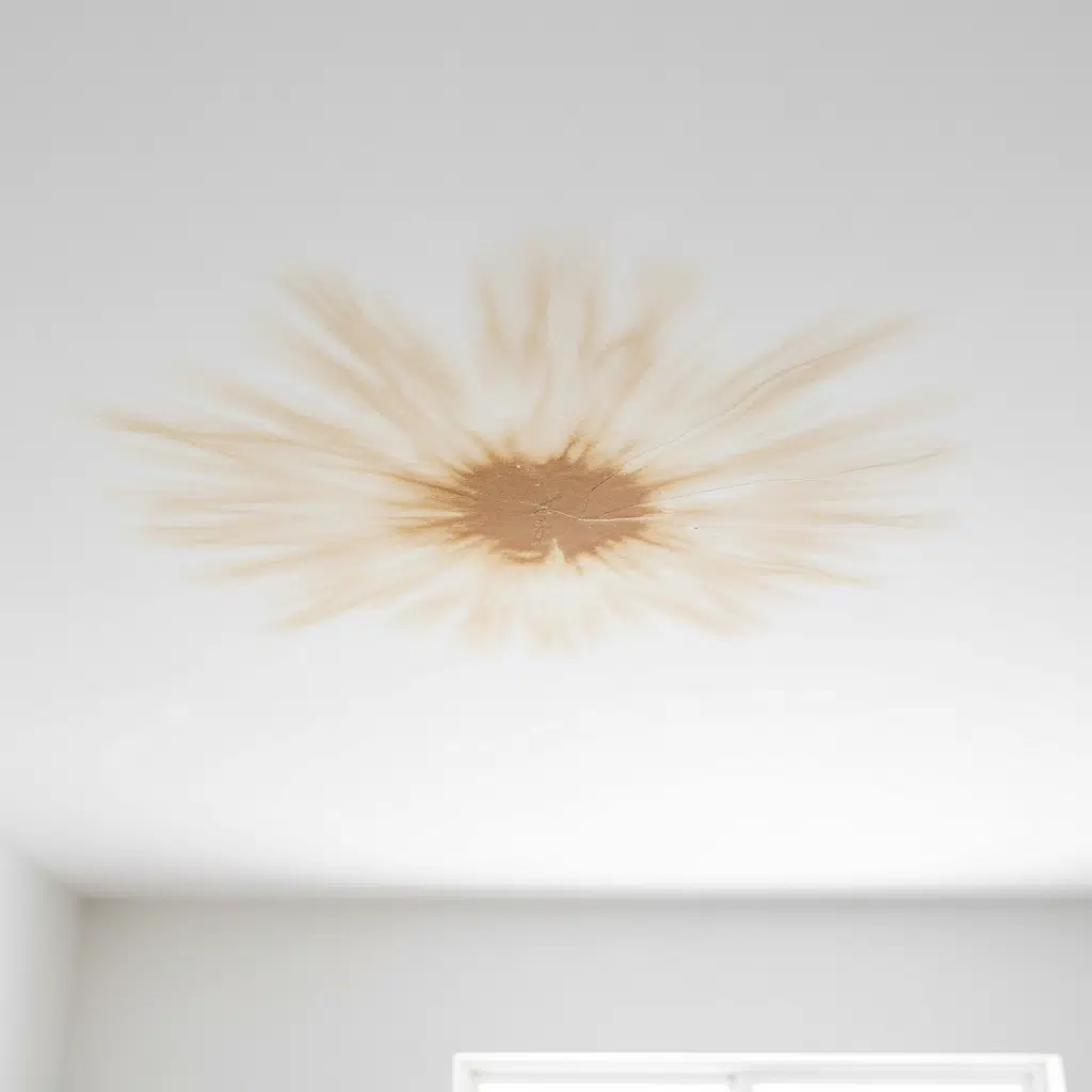 Water damage stain on ceiling caused by hidden plumbing leak