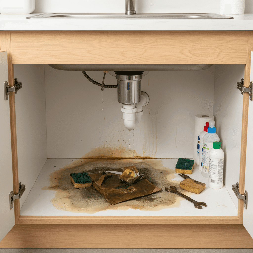 Water damage under sink from amateur garbage disposal repair