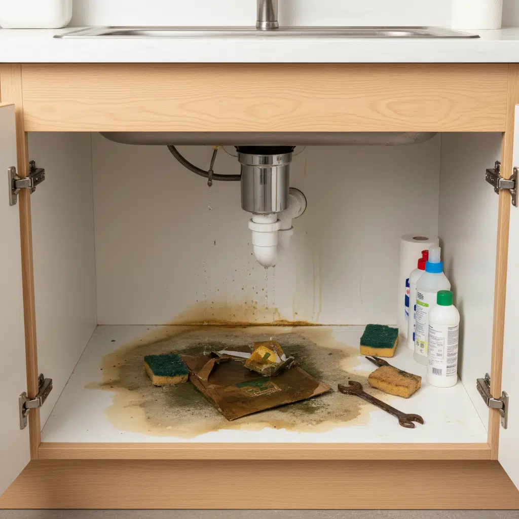 Water damage under sink from amateur garbage disposal repair