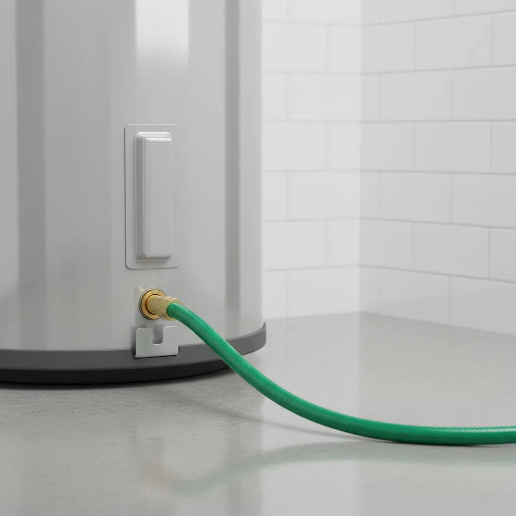 Garden hose attached to water heater drain valve for tank flushing