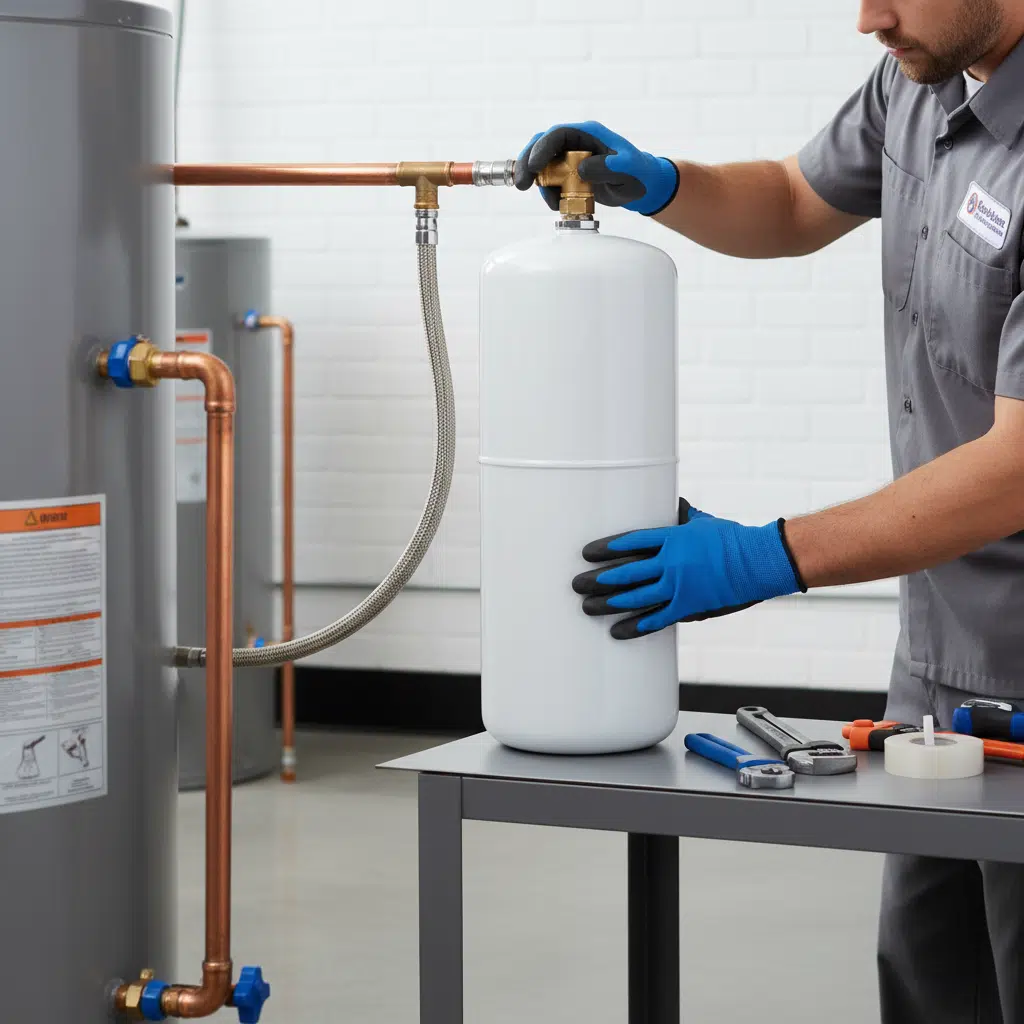 Water heater expansion tank professionally installed on supply line