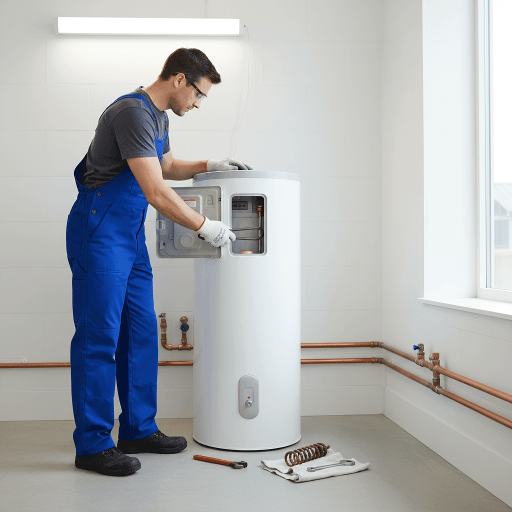Water heater heating element being professionally replaced