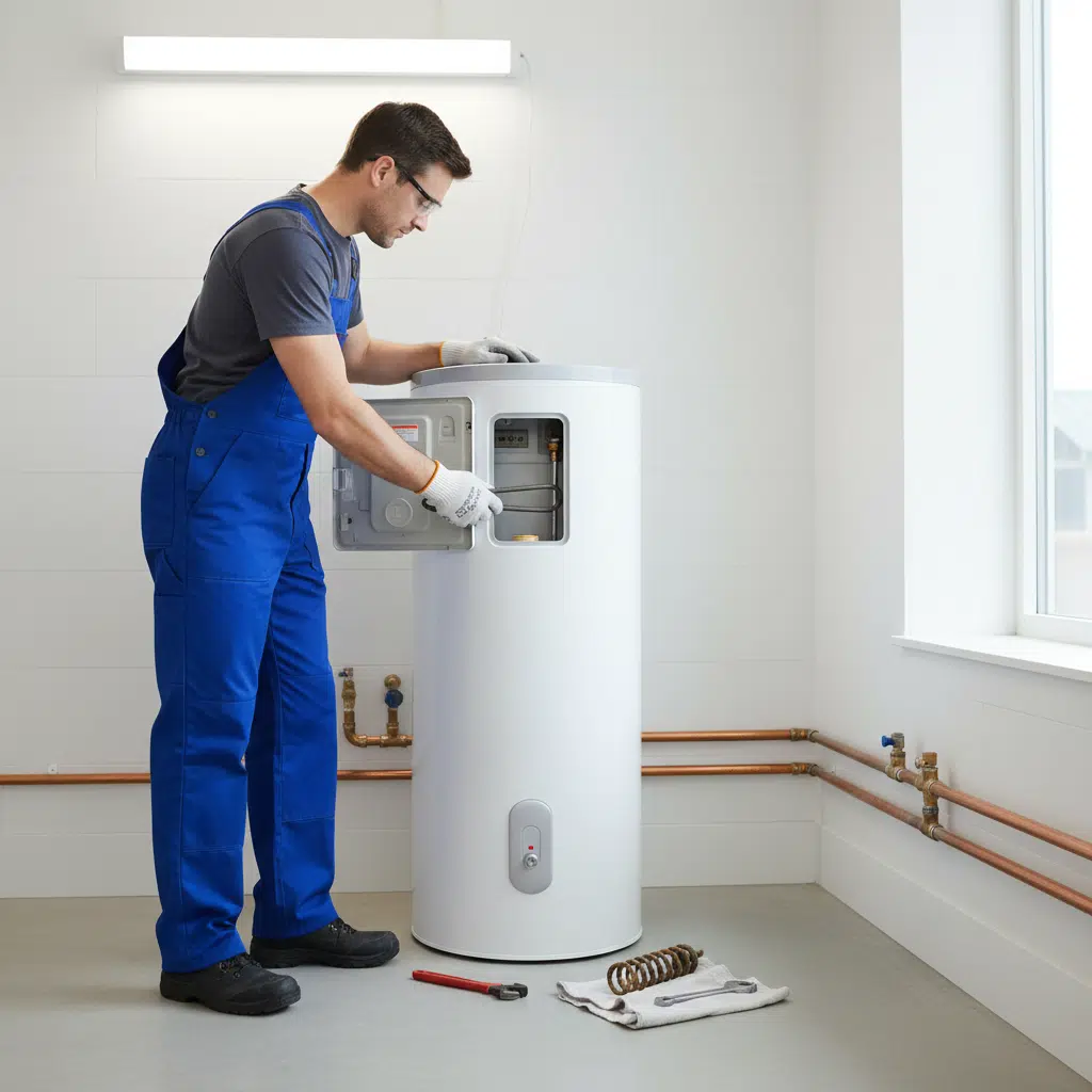 Water heater heating element being professionally replaced