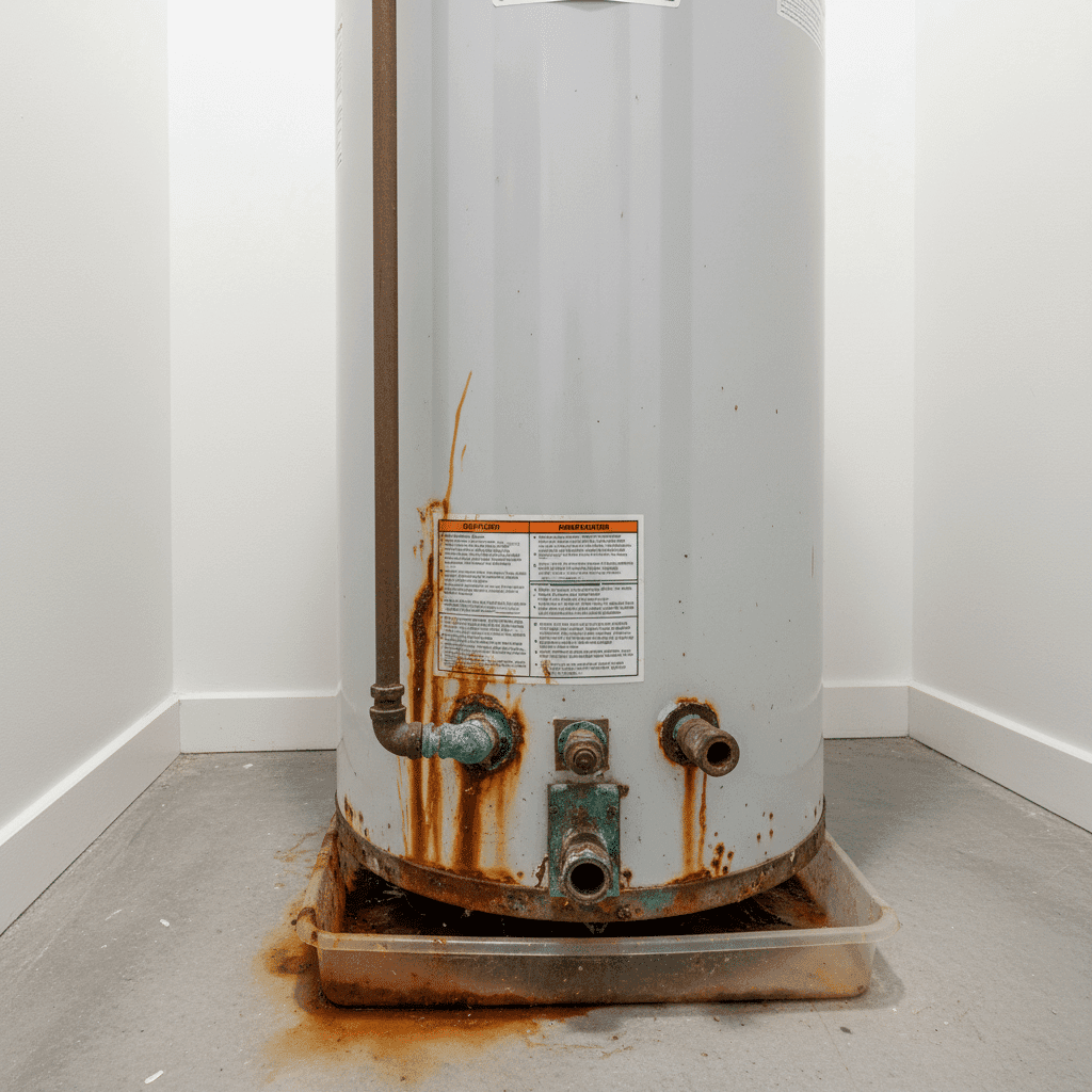 Residential water heater showing rust and corrosion at base needing replacement