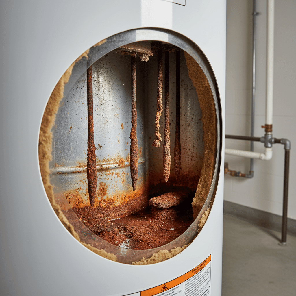 Water heater tank with internal corrosion visible