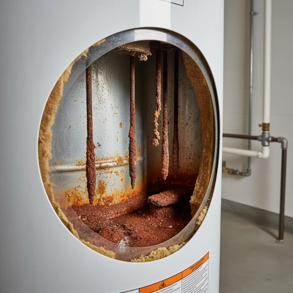 Water heater tank with internal corrosion visible
