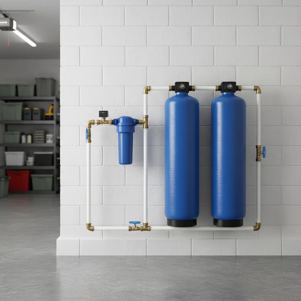 Whole house water filtration system installed in Fort Myers garage