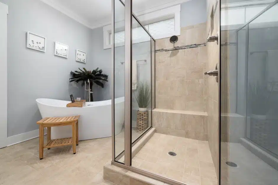 Walk-in shower conversion with tile surround and frameless glass door in a Lehigh Acres home