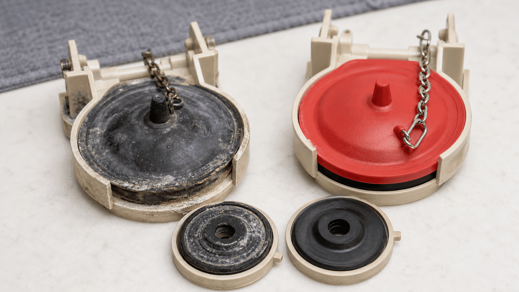 Worn toilet flapper and replacement part used to stop phantom flushing