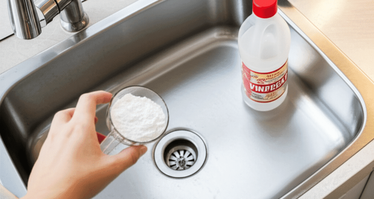 Pouring baking soda into kitchen sink drain for natural drain cleaning in Fort Myers home