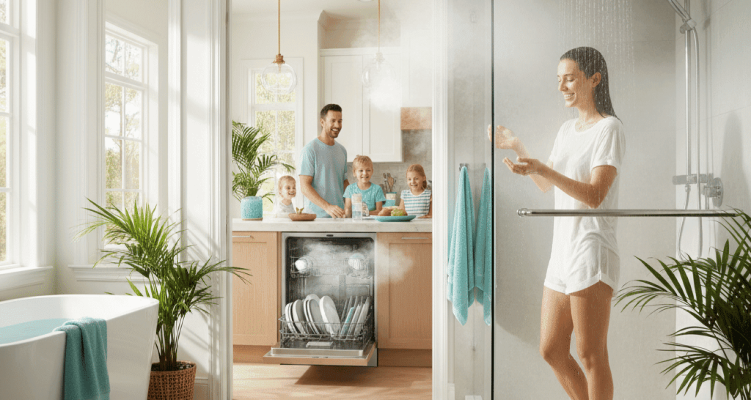 Family enjoying unlimited hot water from tankless water heater system in Florida home