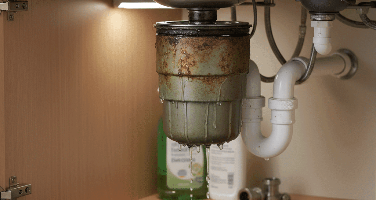Failing garbage disposal leaking under kitchen sink needing replacement