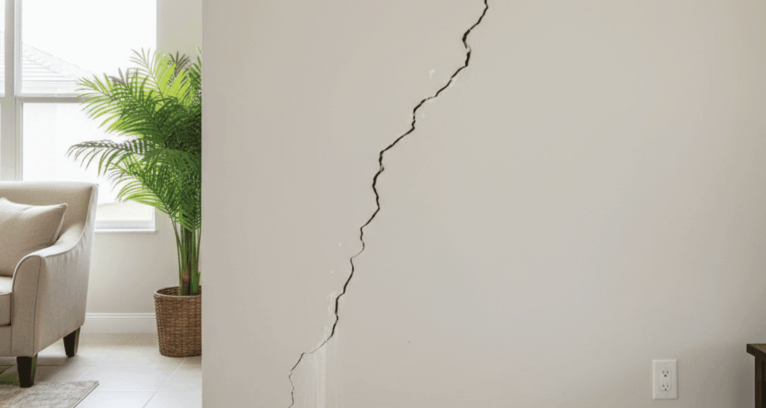 Foundation wall crack from slab leak water damage