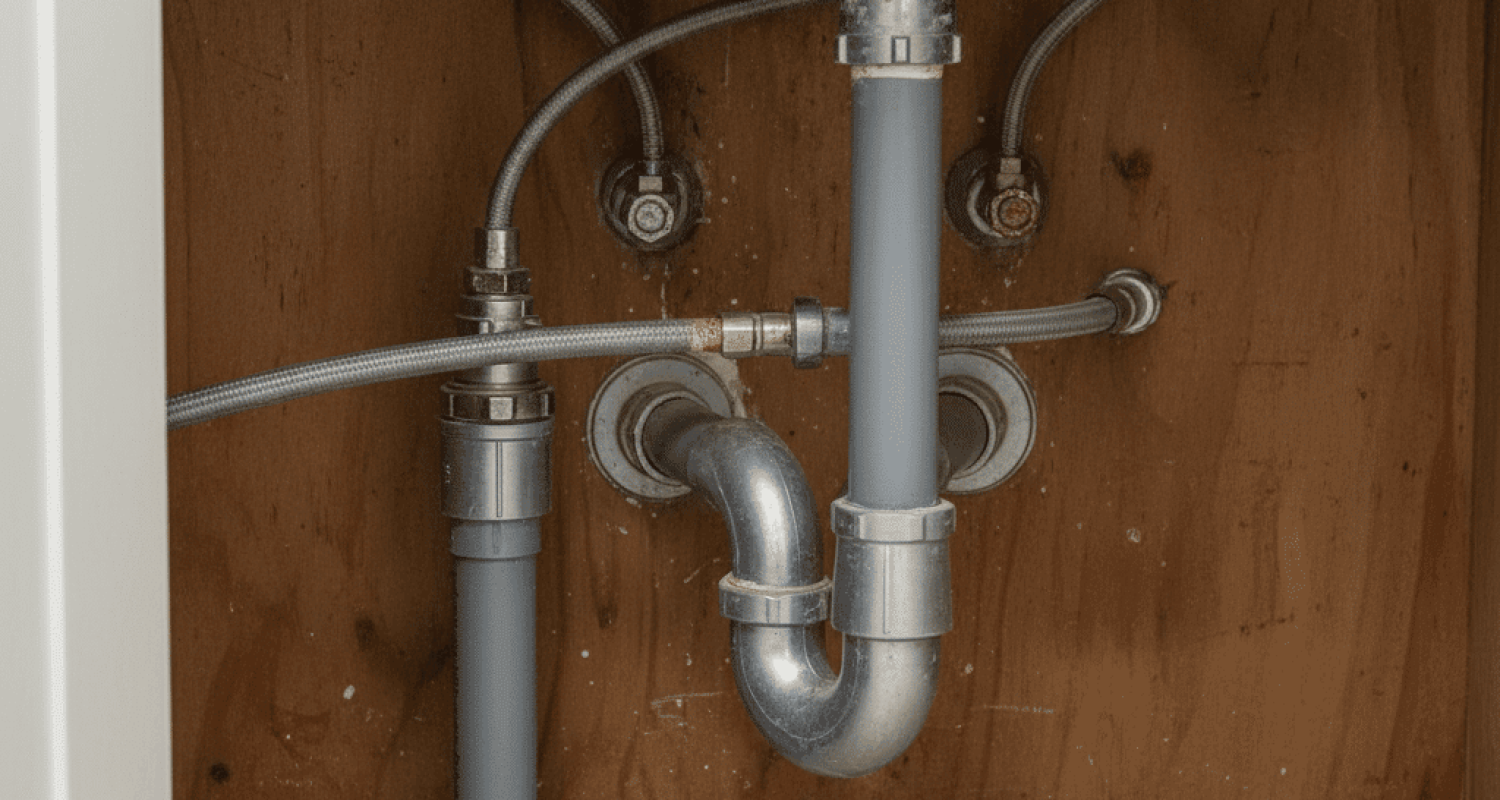 Gray polybutylene pipes under sink in Fort Myers home