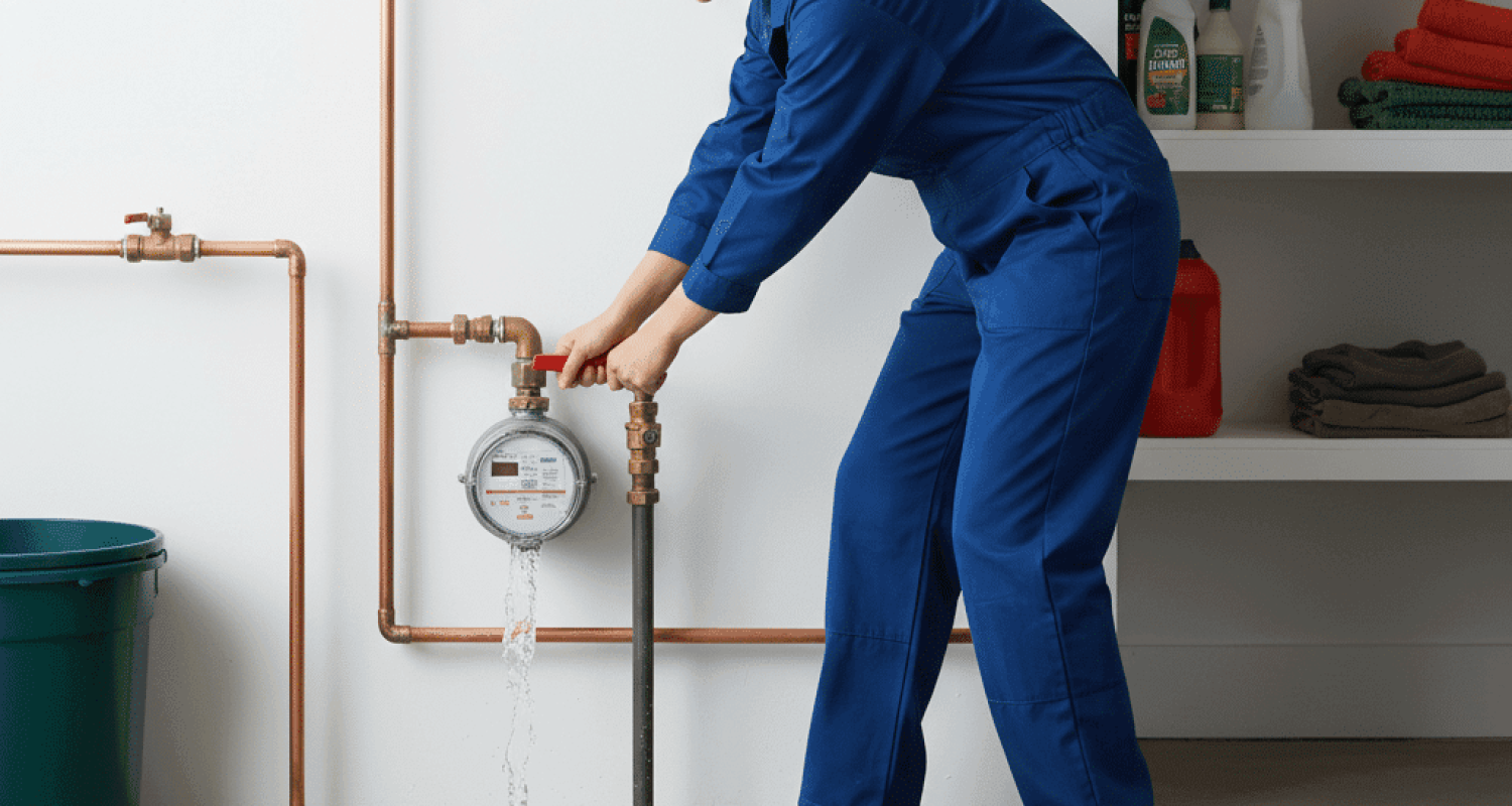 Homeowner turning off main water shutoff valve during plumbing emergency