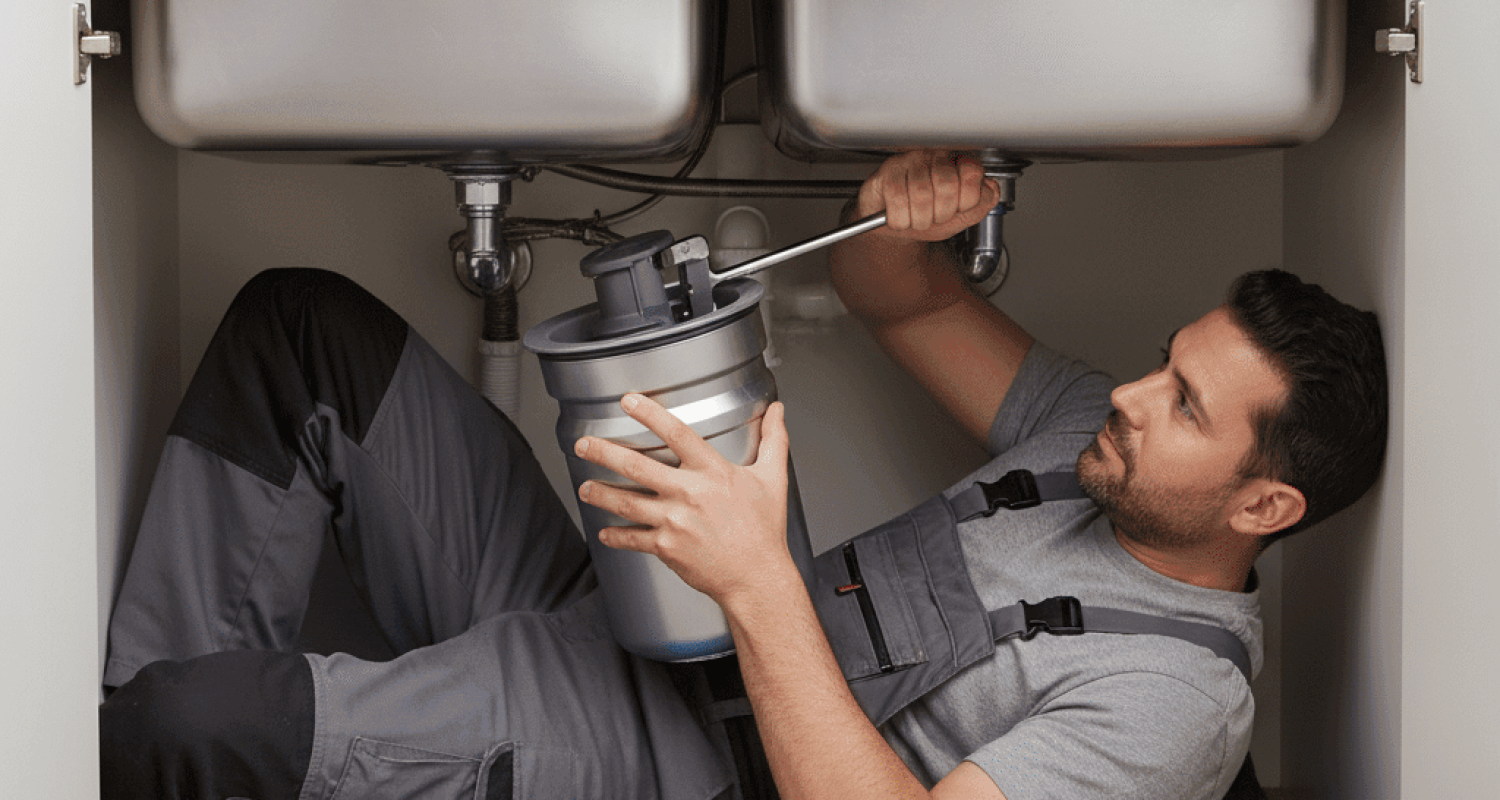 Plumber installing new garbage disposal in Fort Myers kitchen