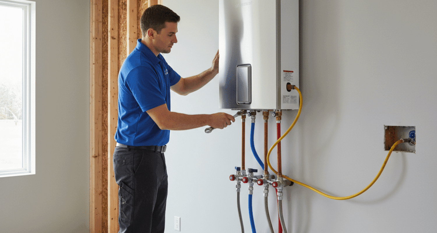 Licensed plumber installing tankless water heater on wall