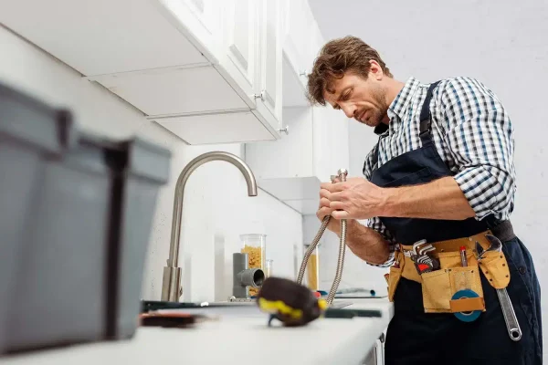 plumber holding metal pipes