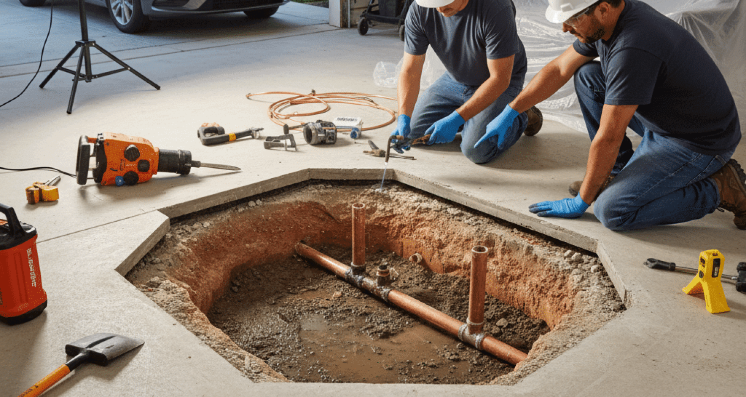Slab leak repair with exposed concrete and pipe access point
