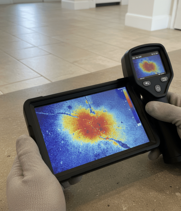 Thermal imaging camera showing hot spot from hidden slab leak beneath foundation in Florida home