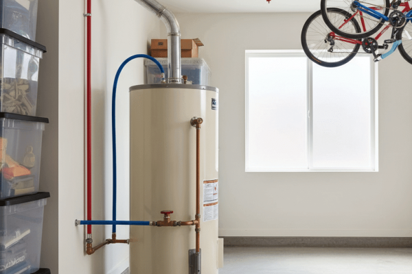 Traditional tank water heater in Fort Myers residential garage