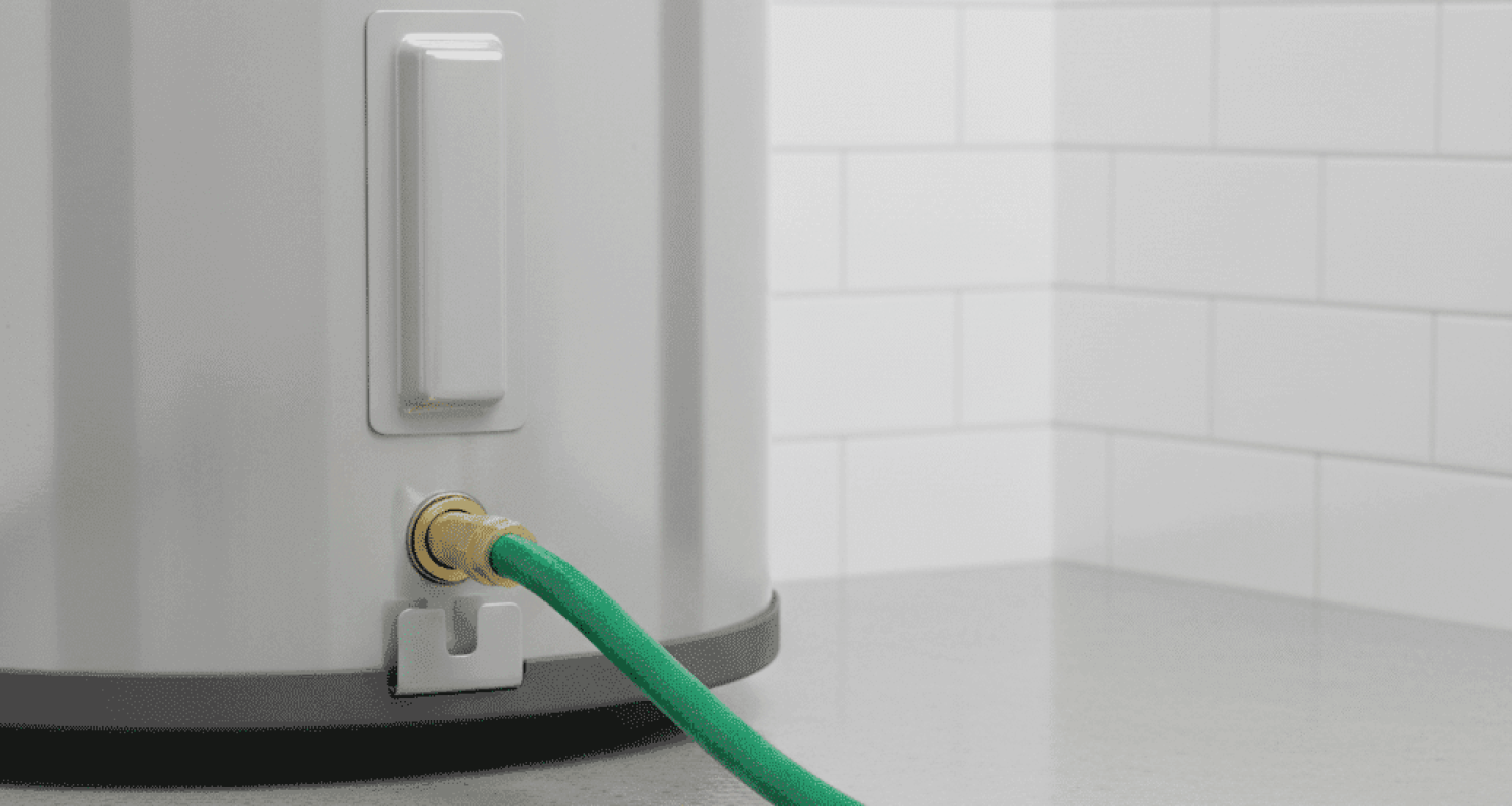 Garden hose attached to water heater drain valve for tank flushing